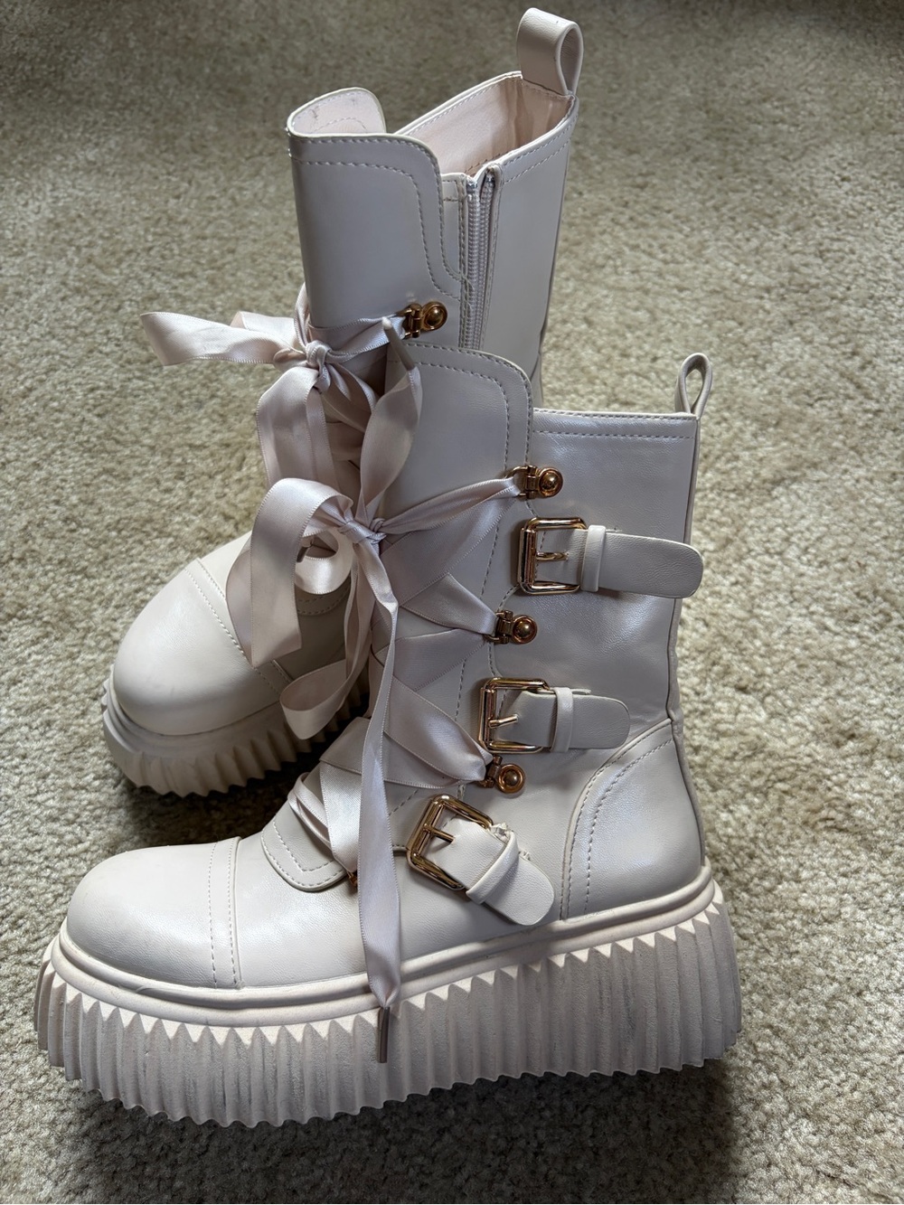 Vivianly Women's Cream Platform Lace-Up Lolita Combat Boots with Gold Hardware - Picture 7 of 8